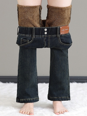 Ženske traperice od denima s fleece podstavom, visokim strukom, širokim flared nogavicama, elastičnim pojasom, pamuk-spandeks denim, zima 2025