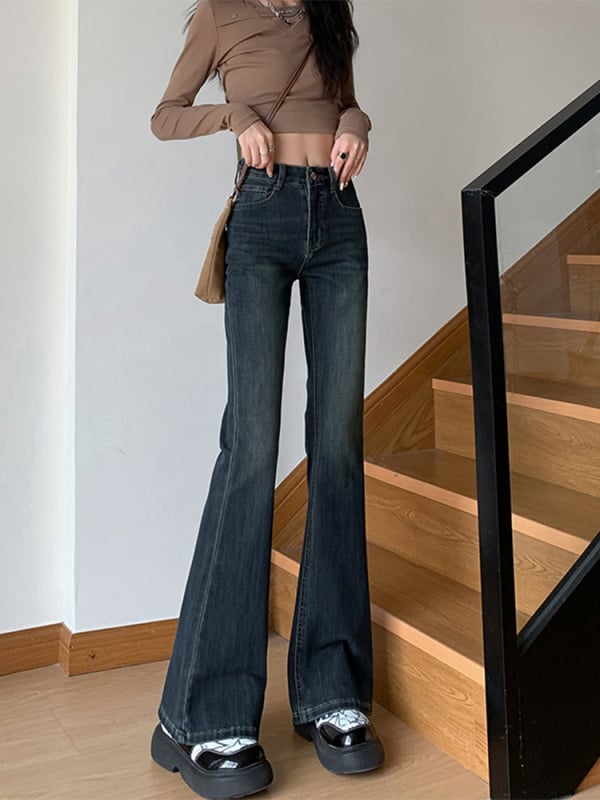 Traperice visokog struka u retro stilu, bootcut, duljina do poda, denim pamuk
