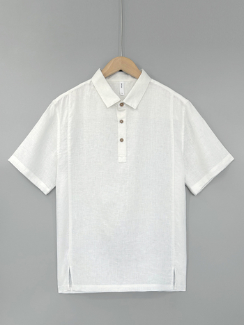 Λινένο πόλο πουκάμισο, κοντά μανίκια, χαλαρή γραμμή, πλυμένο φινίρισμα, γιακά