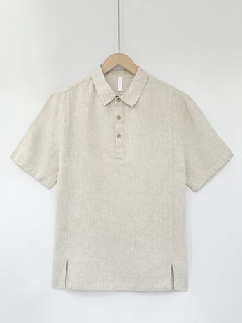 Λινένο πόλο πουκάμισο, κοντά μανίκια, χαλαρή γραμμή, πλυμένο φινίρισμα, γιακά