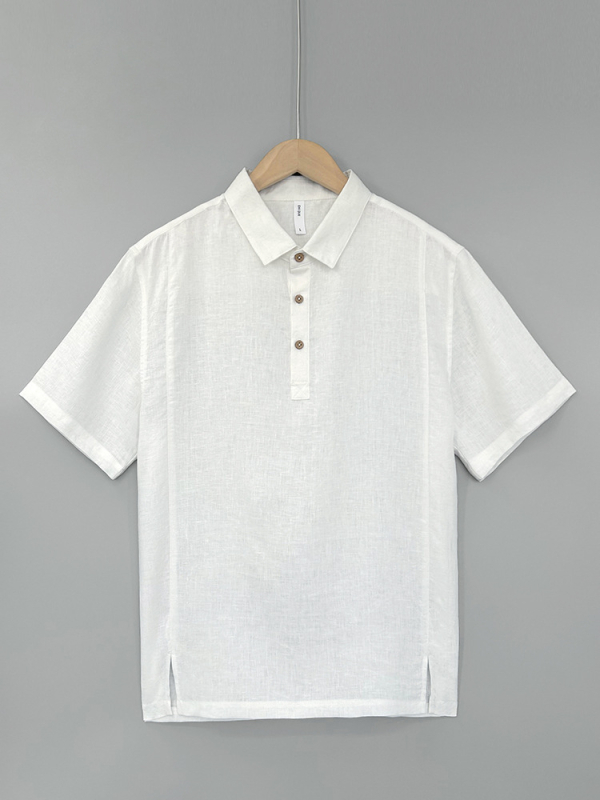 Λινένο πόλο πουκάμισο, κοντά μανίκια, χαλαρή γραμμή, πλυμένο φινίρισμα, γιακά