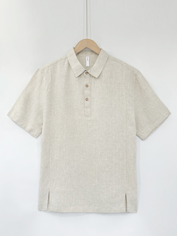 Λινένο πόλο πουκάμισο, κοντά μανίκια, χαλαρή γραμμή, πλυμένο φινίρισμα, γιακά