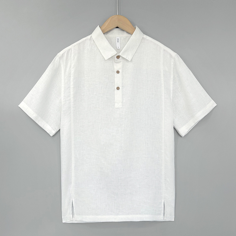 Λινένο πόλο πουκάμισο, κοντά μανίκια, χαλαρή γραμμή, πλυμένο φινίρισμα, γιακά