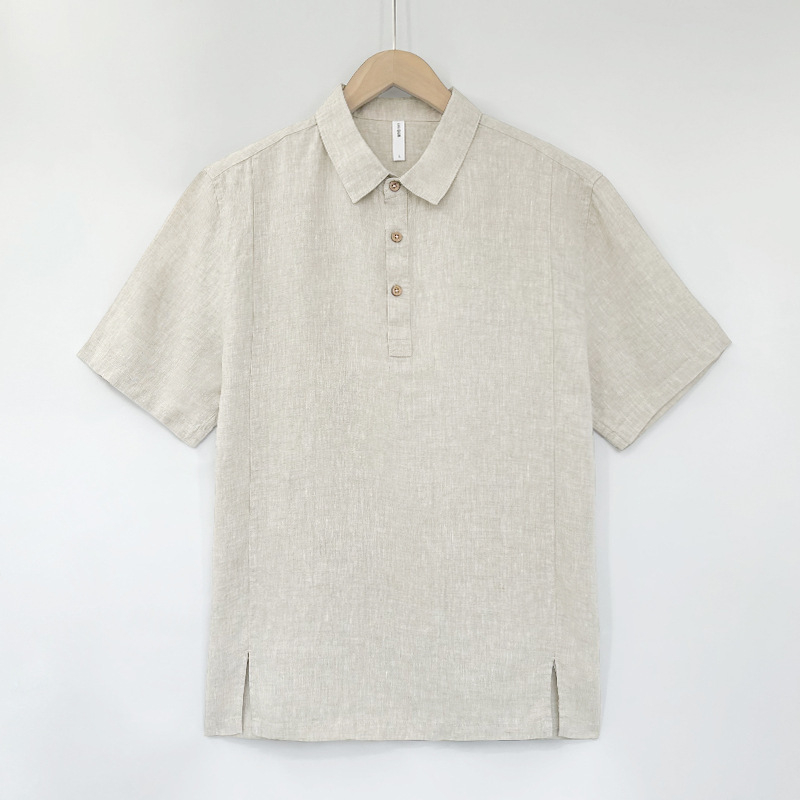 Λινένο πόλο πουκάμισο, κοντά μανίκια, χαλαρή γραμμή, πλυμένο φινίρισμα, γιακά