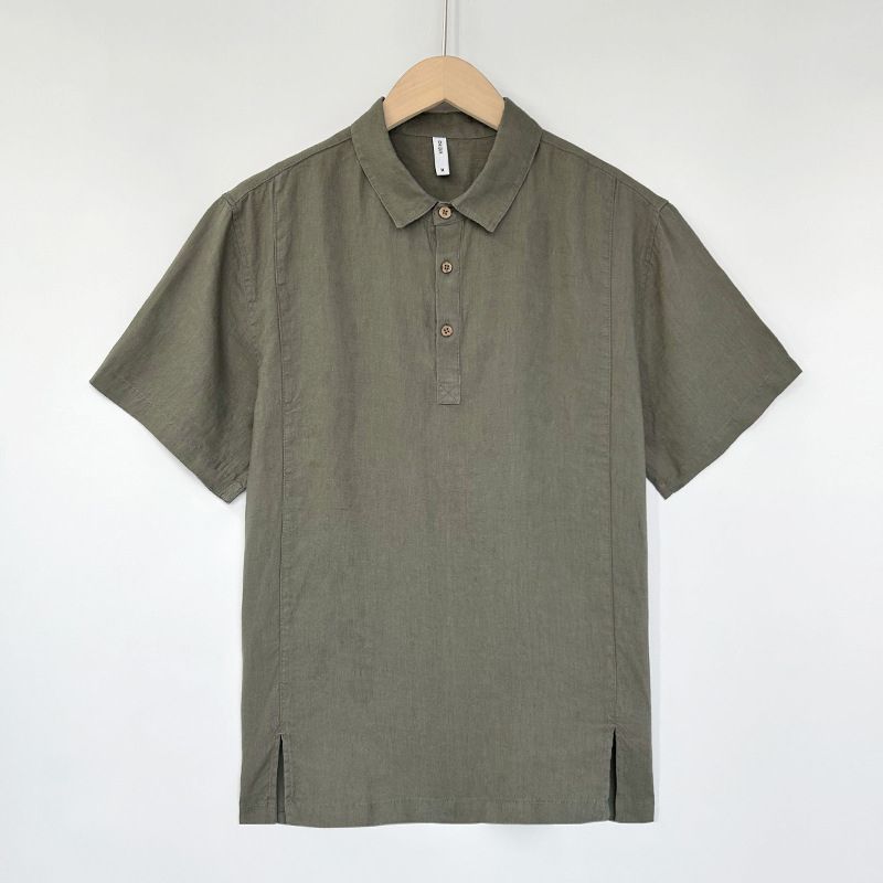 Λινένο πόλο πουκάμισο, κοντά μανίκια, χαλαρή γραμμή, πλυμένο φινίρισμα, γιακά