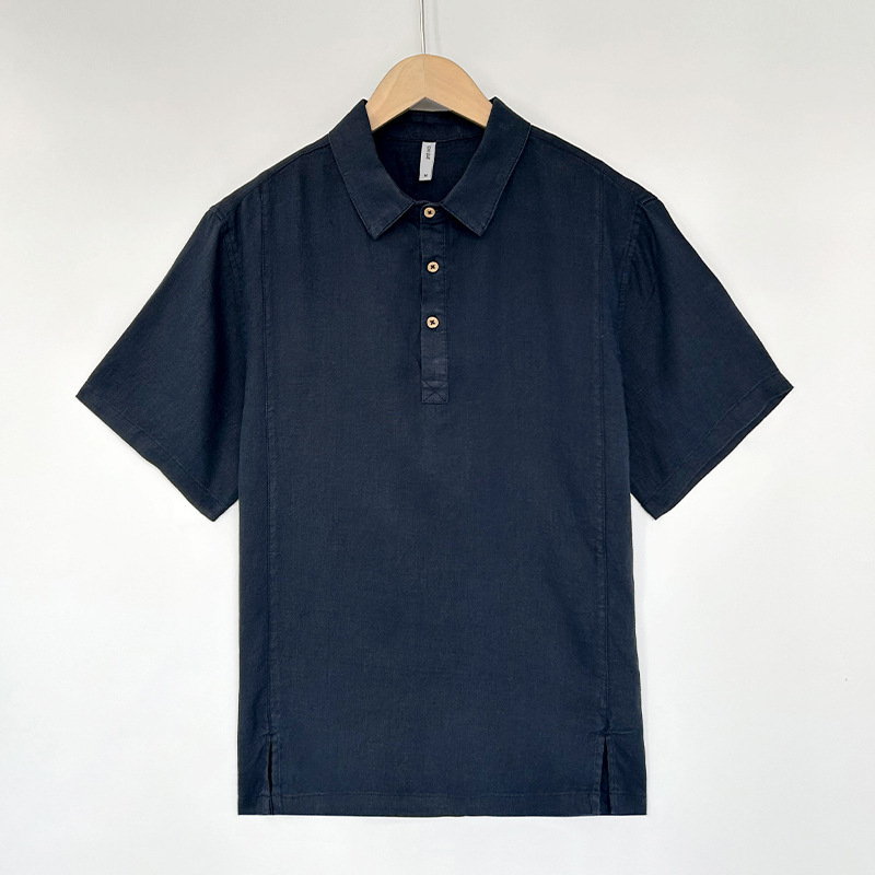 Λινένο πόλο πουκάμισο, κοντά μανίκια, χαλαρή γραμμή, πλυμένο φινίρισμα, γιακά