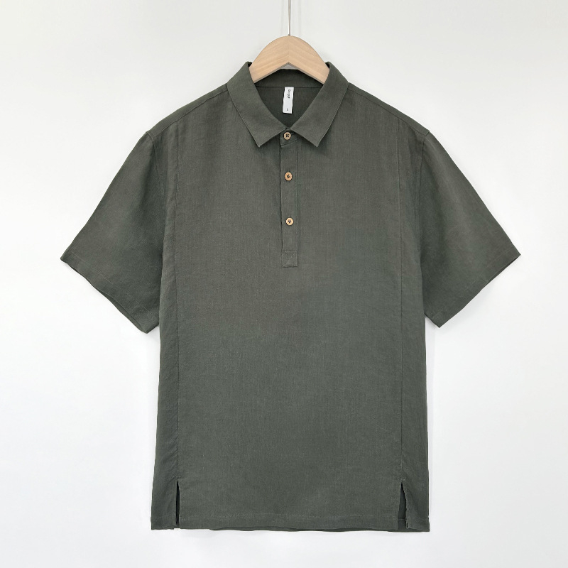 Λινένο πόλο πουκάμισο, κοντά μανίκια, χαλαρή γραμμή, πλυμένο φινίρισμα, γιακά