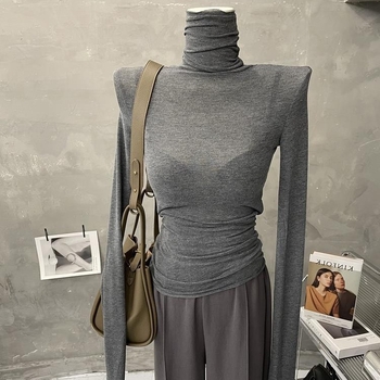 Ženski tanki T-shirt s visokim ovratnikom, dugim rukavima, bazni sloj, pamuk smjesa 50–70% (Jesen 2022)