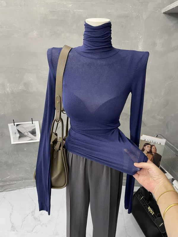 Ženski tanki T-shirt s visokim ovratnikom, dugim rukavima, bazni sloj, pamuk smjesa 50–70% (Jesen 2022)