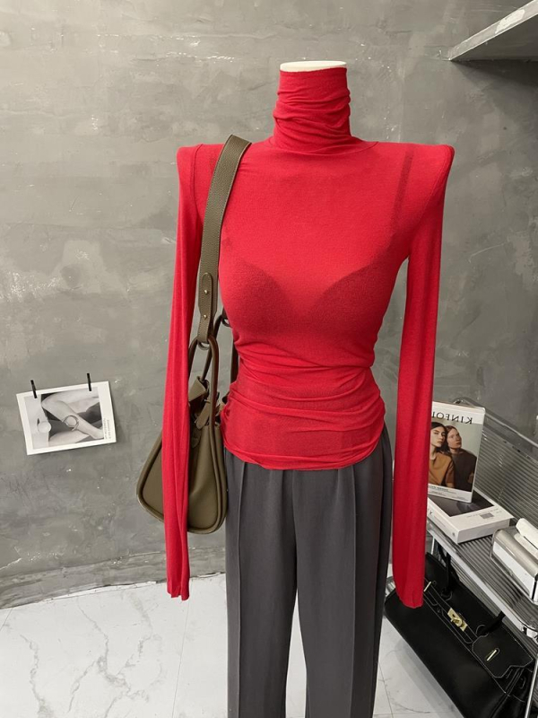 Ženski tanki T-shirt s visokim ovratnikom, dugim rukavima, bazni sloj, pamuk smjesa 50–70% (Jesen 2022)