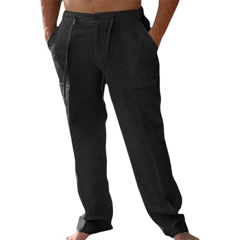 Muške casual hlače od pamuka i lana, patch džepovi, struk s vezicom, straight kroj, zip sprijed