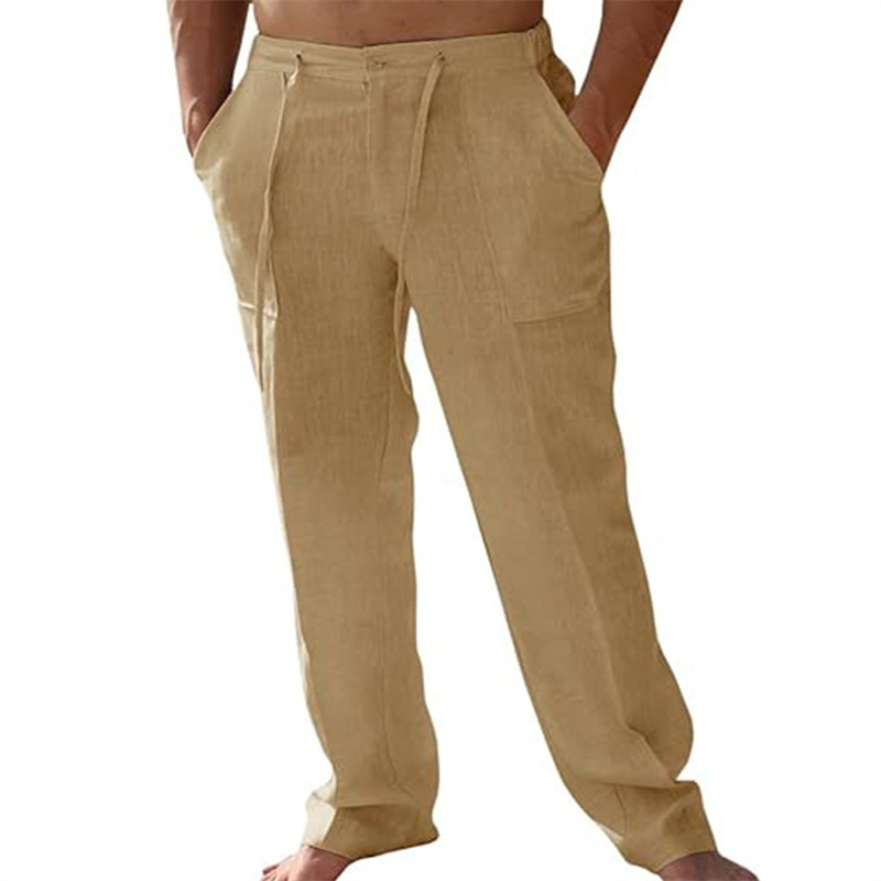 Muške casual hlače od pamuka i lana, patch džepovi, struk s vezicom, straight kroj, zip sprijed