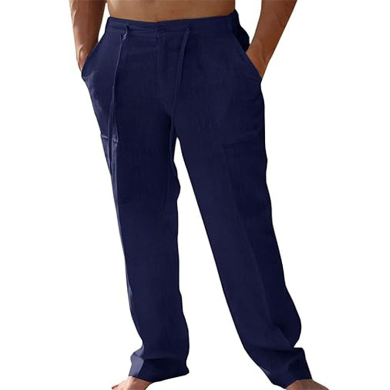 Muške casual hlače od pamuka i lana, patch džepovi, struk s vezicom, straight kroj, zip sprijed
