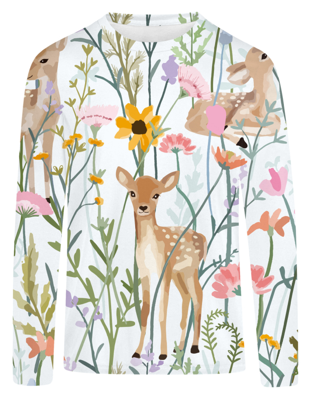 T‑shirt s 3D digitalnim otiskom i motivom šumske djevojke s preslatkim sika jelenom, dugi rukavi, okrugli izrez, opušteni kroj, Milk Silk tkanina s 95%+ poliestera