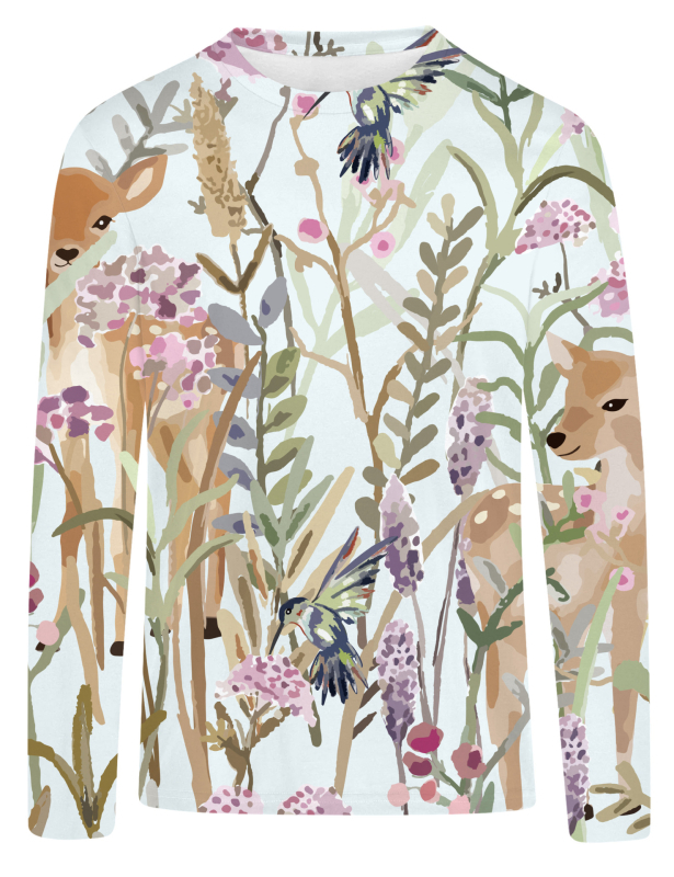 T‑shirt s 3D digitalnim otiskom i motivom šumske djevojke s preslatkim sika jelenom, dugi rukavi, okrugli izrez, opušteni kroj, Milk Silk tkanina s 95%+ poliestera