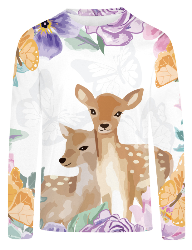 T‑shirt s 3D digitalnim otiskom i motivom šumske djevojke s preslatkim sika jelenom, dugi rukavi, okrugli izrez, opušteni kroj, Milk Silk tkanina s 95%+ poliestera