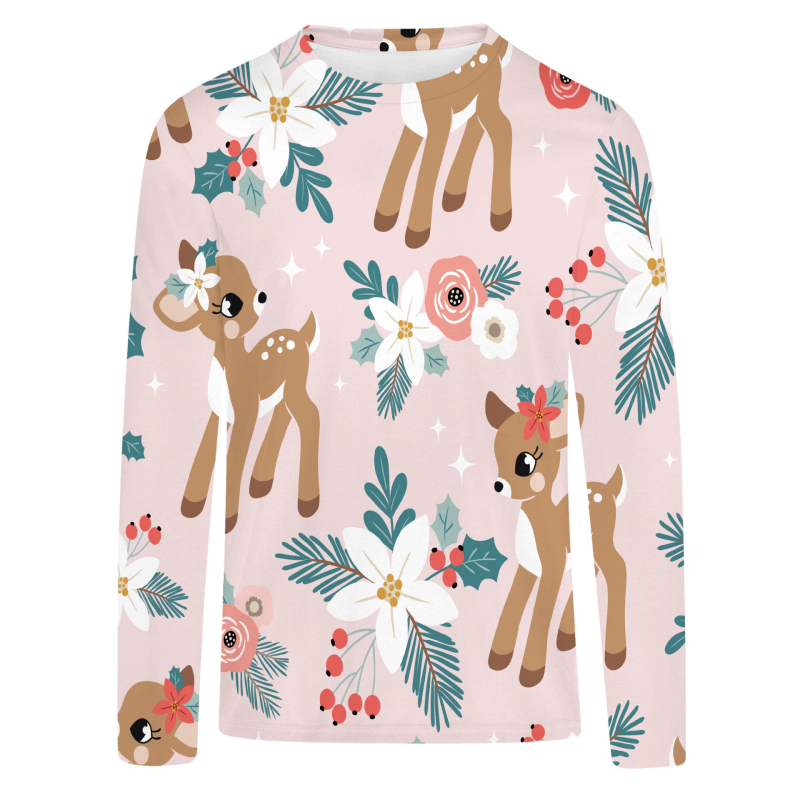 T‑shirt s 3D digitalnim otiskom i motivom šumske djevojke s preslatkim sika jelenom, dugi rukavi, okrugli izrez, opušteni kroj, Milk Silk tkanina s 95%+ poliestera