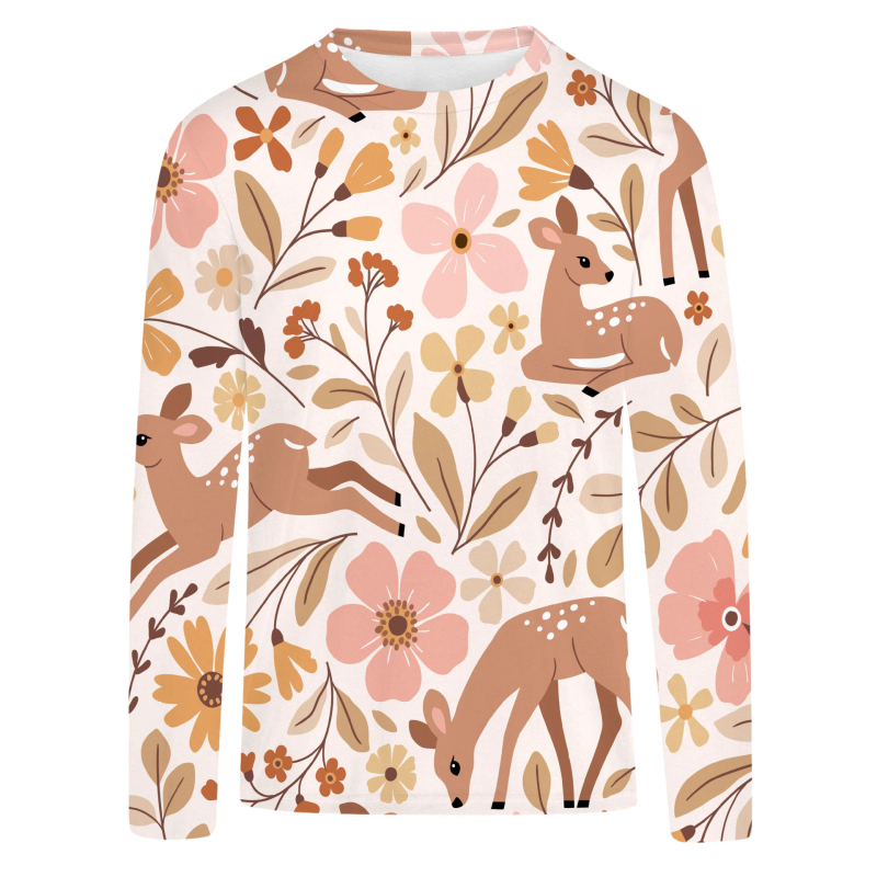 T‑shirt s 3D digitalnim otiskom i motivom šumske djevojke s preslatkim sika jelenom, dugi rukavi, okrugli izrez, opušteni kroj, Milk Silk tkanina s 95%+ poliestera