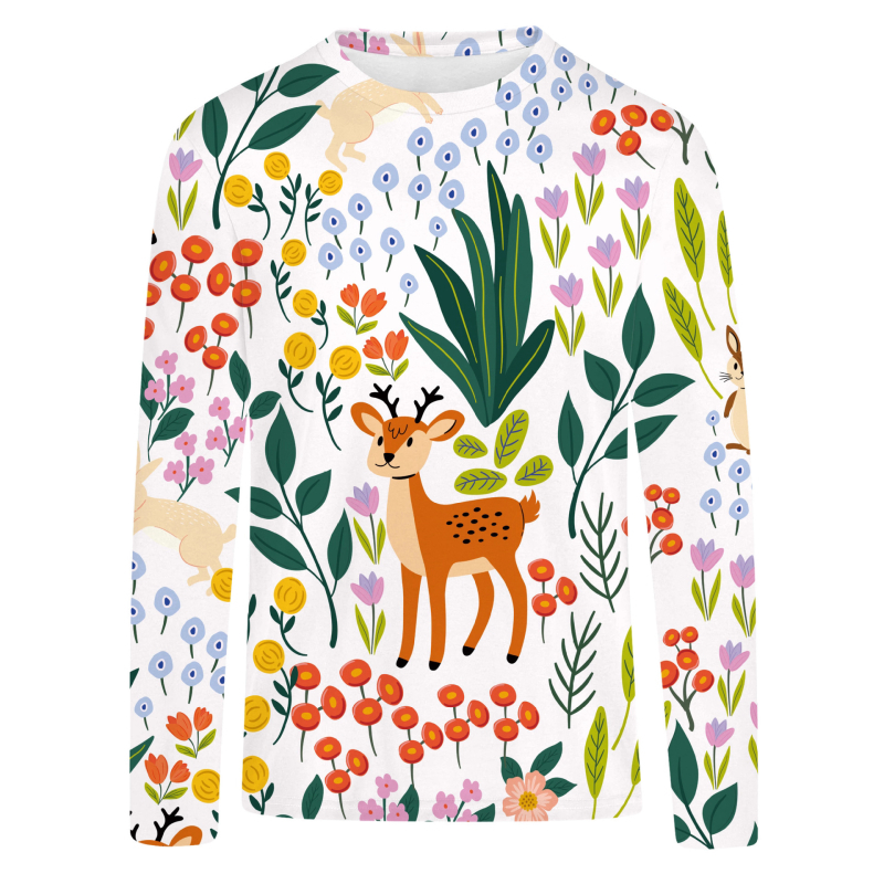 T‑shirt s 3D digitalnim otiskom i motivom šumske djevojke s preslatkim sika jelenom, dugi rukavi, okrugli izrez, opušteni kroj, Milk Silk tkanina s 95%+ poliestera
