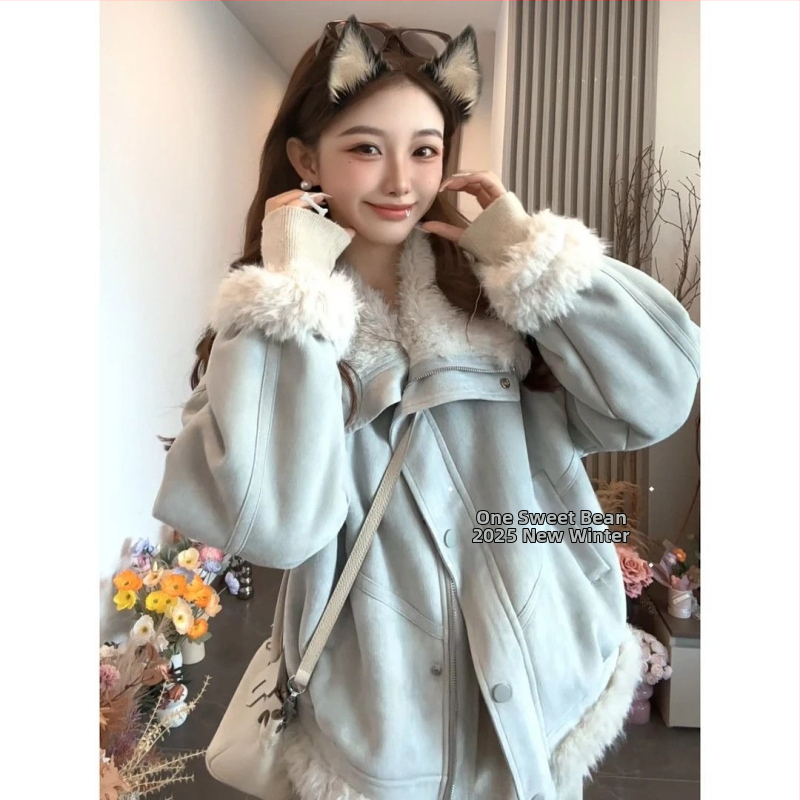 Dámsky krátky kabát z umelej sherlingu, golier polo, zapínanie na jedno gombíka, polyestér, karikatúrny vzor