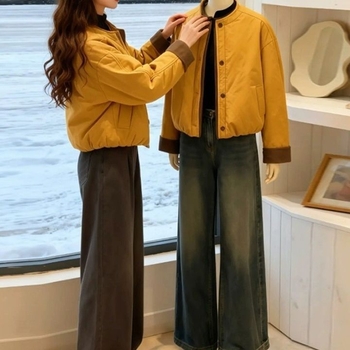 Korejskog stila pamucna jakna s 3D uzorkom, polo ovratnik, dugi rukavi u princeskom kroju, srednja duljina