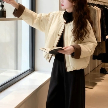 Korejskog stila pamucna jakna s 3D uzorkom, polo ovratnik, dugi rukavi u princeskom kroju, srednja duljina