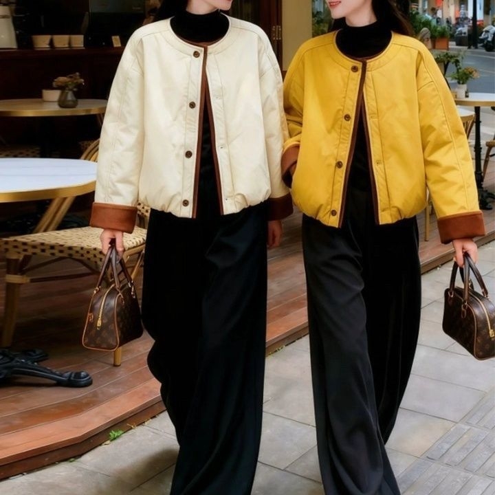 Korejskog stila pamucna jakna s 3D uzorkom, polo ovratnik, dugi rukavi u princeskom kroju, srednja duljina