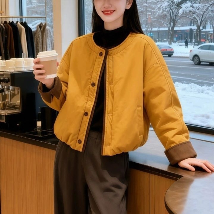 Korejskog stila pamucna jakna s 3D uzorkom, polo ovratnik, dugi rukavi u princeskom kroju, srednja duljina