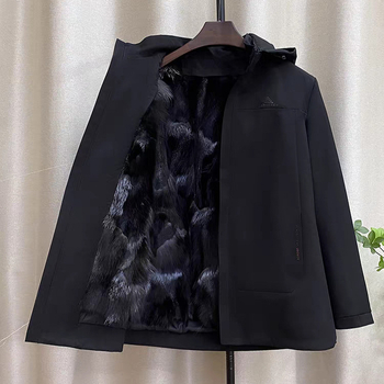 Ανδρικό παρκά από γούνα αλεπούς με αποσπώμενη επένδυση, στενή γραμμή, μεσαίου μήκους, αποσπώμενη κουκούλα, φερμουάρ μπροστά, τσέπες με φερμουάρ