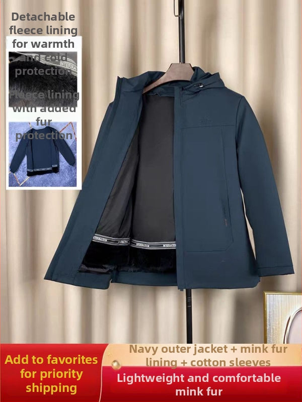 Ανδρικό παρκά από γούνα αλεπούς με αποσπώμενη επένδυση, στενή γραμμή, μεσαίου μήκους, αποσπώμενη κουκούλα, φερμουάρ μπροστά, τσέπες με φερμουάρ