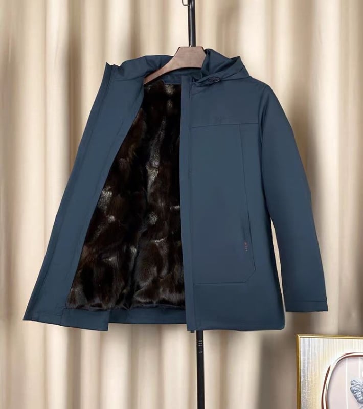 Ανδρικό παρκά από γούνα αλεπούς με αποσπώμενη επένδυση, στενή γραμμή, μεσαίου μήκους, αποσπώμενη κουκούλα, φερμουάρ μπροστά, τσέπες με φερμουάρ