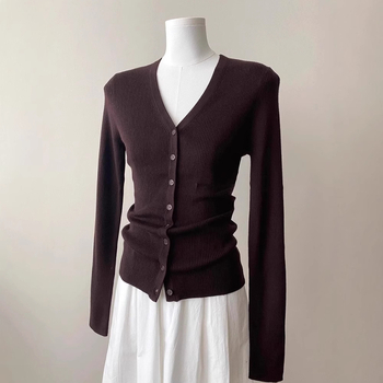 Ženski kardigan s V-izrezom, vuneno-mješani materijal, uski kroj, elegantan gradski stil