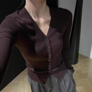 Ženski kardigan s V-izrezom, vuneno-mješani materijal, uski kroj, elegantan gradski stil