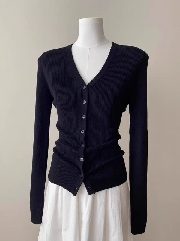 Ženski kardigan s V-izrezom, vuneno-mješani materijal, uski kroj, elegantan gradski stil