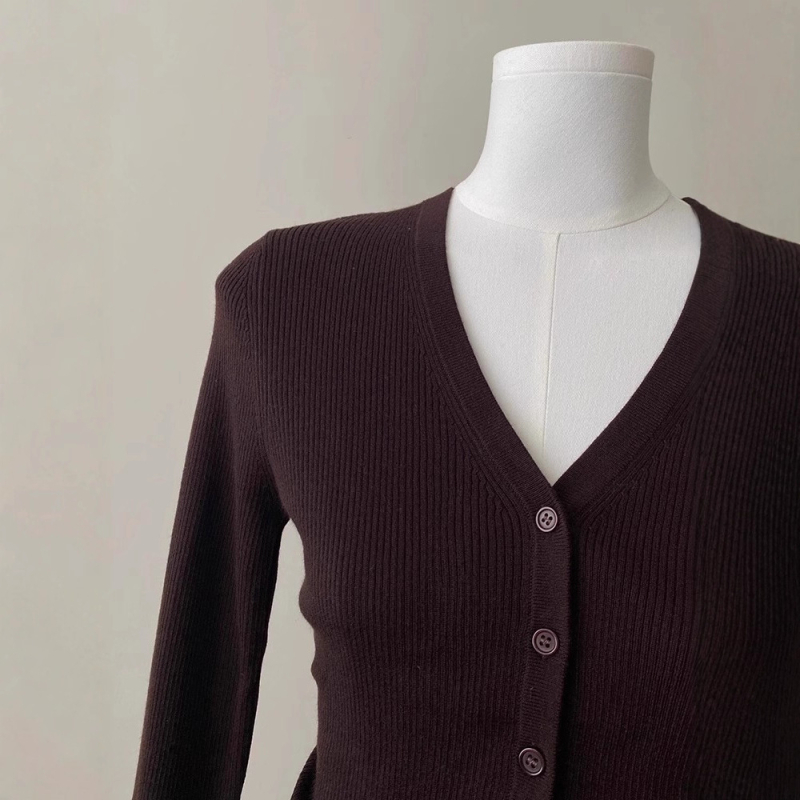 Ženski kardigan s V-izrezom, vuneno-mješani materijal, uski kroj, elegantan gradski stil
