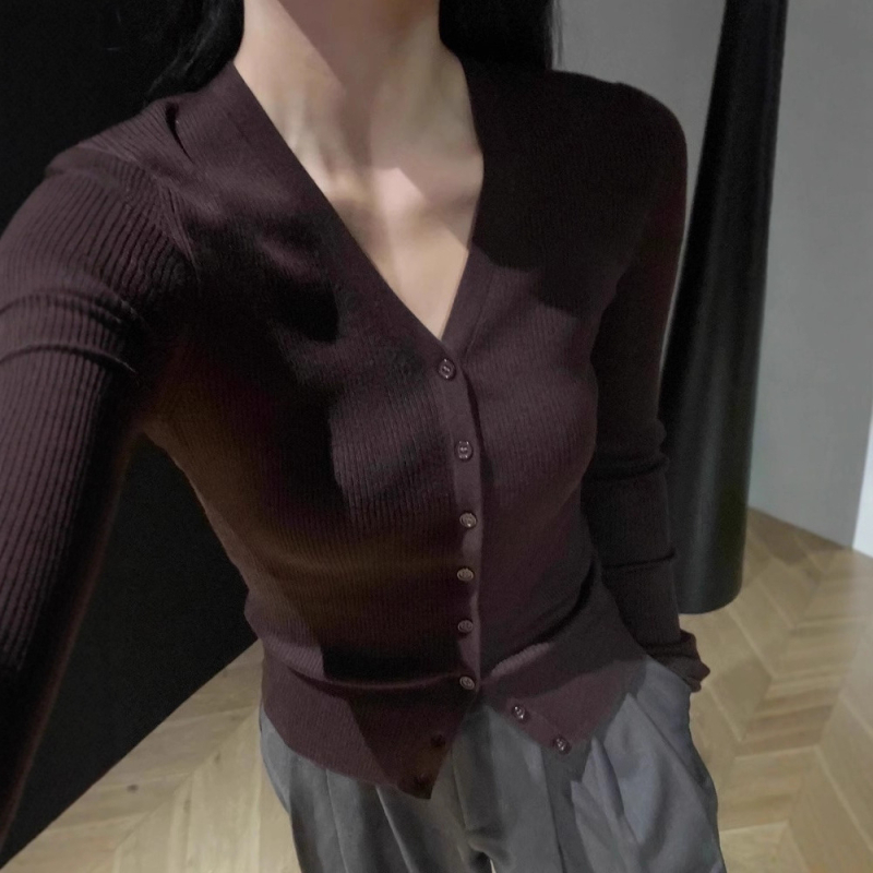 Ženski kardigan s V-izrezom, vuneno-mješani materijal, uski kroj, elegantan gradski stil