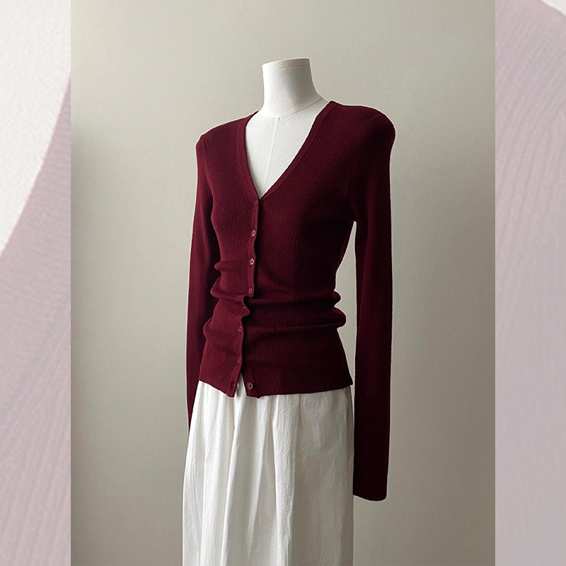 Ženski kardigan s V-izrezom, vuneno-mješani materijal, uski kroj, elegantan gradski stil