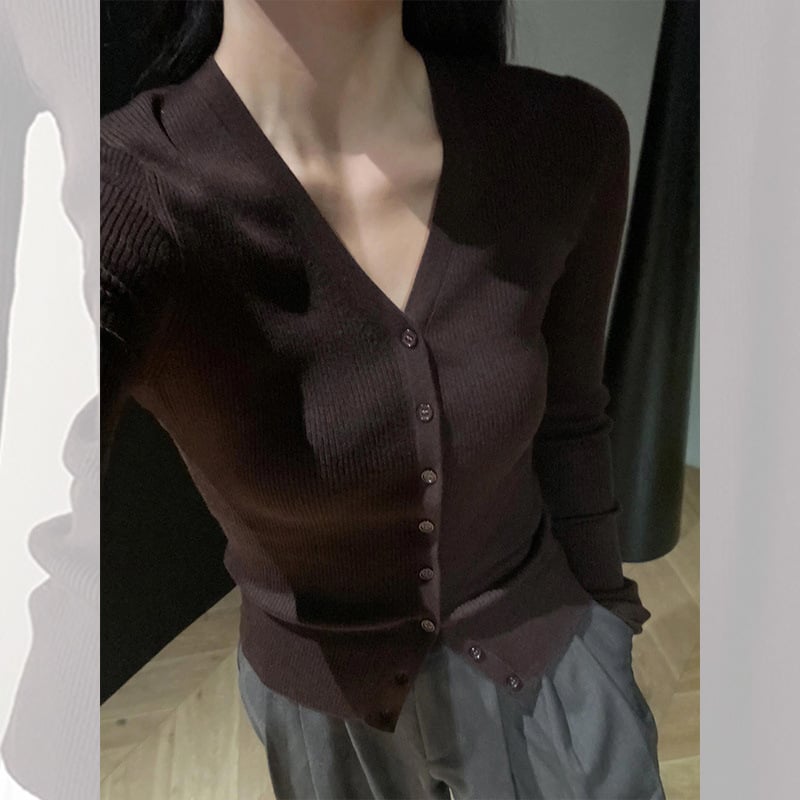 Ženski kardigan s V-izrezom, vuneno-mješani materijal, uski kroj, elegantan gradski stil