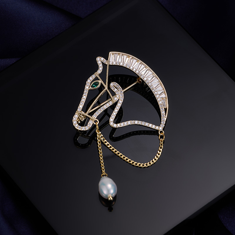 Liyu Jewelry Životinjska broš - bakrena s cirkonima, ugradnja, unisex, lagani luksuz, Zodijak konja