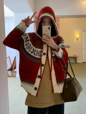 Ženski kardigan s kapuljačom u korejskom stilu s uzorkom Fair Isle, debelo pletene tkanine, retro za jesen i zimu, udoban širok kroj