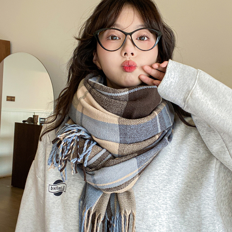 Женски шал с каре, полиестер, жакардово тъкане, топъл, корейски вдъхновен стил
