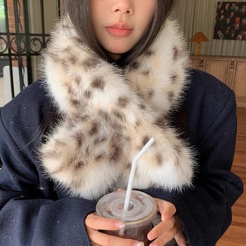Korejski stil šal od umjetne krzna s leopardovim uzorkom i zaštitom za uši, warp-knit od akrila, pogodan za sve sezone