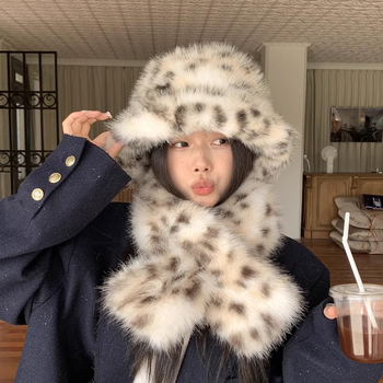 Korejski stil šal od umjetne krzna s leopardovim uzorkom i zaštitom za uši, warp-knit od akrila, pogodan za sve sezone