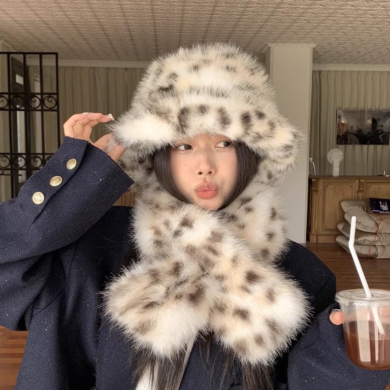 Korejski stil šal od umjetne krzna s leopardovim uzorkom i zaštitom za uši, warp-knit od akrila, pogodan za sve sezone