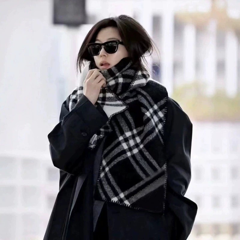 Шал с каре модел, полиестерна тъкан, warp-knit, корейски стил, зимен аксесоар за дами