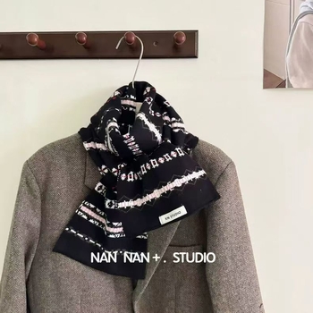 Ženski prugasti saten pleteni šal – umjetni kašmír, poliester, dugačak, pletenje, otisak i tie-dye