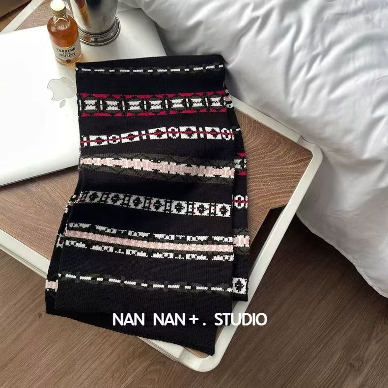 Ženski prugasti saten pleteni šal – umjetni kašmír, poliester, dugačak, pletenje, otisak i tie-dye