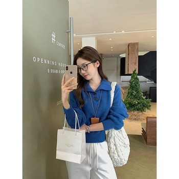 Női polo galléros pulóver viszkóz anyagból, lazított szabás, hosszú ujjú, utcai stílus