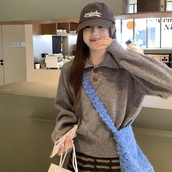 Női polo galléros pulóver viszkóz anyagból, lazított szabás, hosszú ujjú, utcai stílus