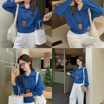 Női polo galléros pulóver viszkóz anyagból, lazított szabás, hosszú ujjú, utcai stílus